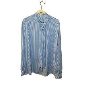 Premise Studio Shirt Women Large Blue Striped 100% Polyester Tie Neck Button-Up